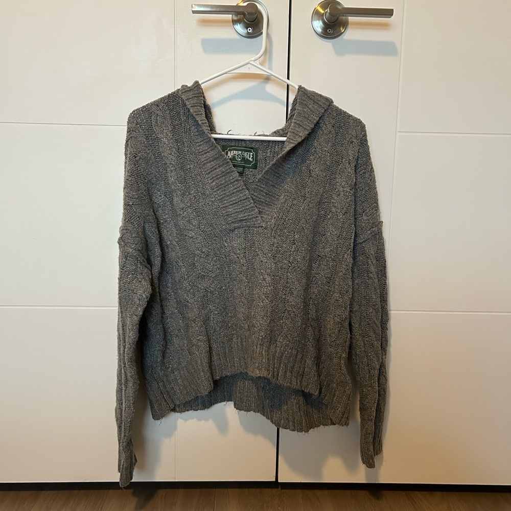 Gray Cable Knit Women's Hooded Sweater